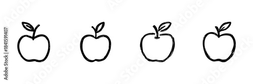 Apple Line Icon Set In Doodle Style. Healthy Eating, Nutrition, And Fresh Produce Outline Sketch Collection. Hand Drawn Isolated Vector Illustration