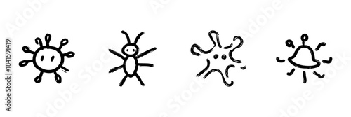 Abstract Microorganism And Insect Line Icon Set In Doodle Style. Virus, Bacteria, And Bug Representation Outline Sketch. Biological And Microscopic Entities. Hand Drawn Vector Illustration