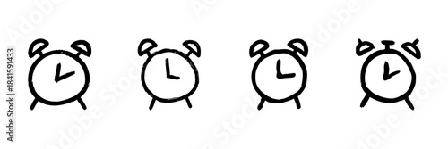 Alarm Clock Line Icon Set In Doodle Style. Time Management, Wake-Up Routine, And Punctuality Outline Sketch Collection. Hand Drawn Isolated Vector Illustration