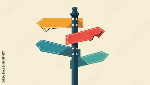 A damaged street sign pole with cracked yellow red and teal direction boards on pale background