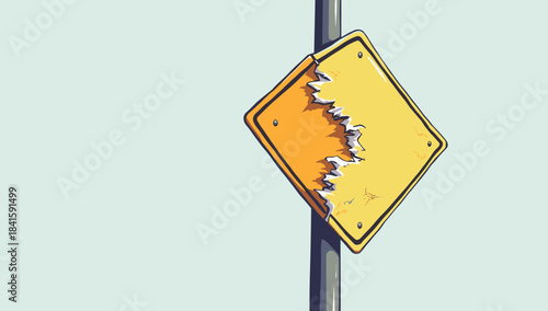 A damaged street sign pole with heavily torn yellow sign against pale sky