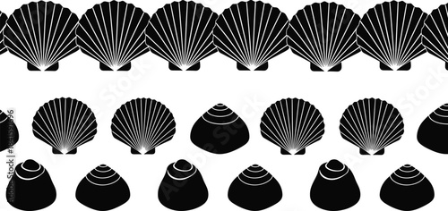 Black Silhouette Seashell Seamless Vector Border Pattern Including Scallop and Cone Shapes for Ocean, Beach, Marine, and Summer Decoration Design