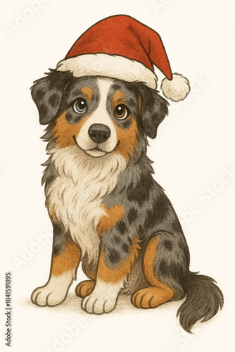 Cute Australian Shepherd wearing a Christmas hat, cartoon vector illustration
