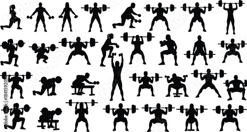 Silhouettes of Various Strength Training Exercises for Fitness and Bodybuilding, Including Squats, Deadlifts, Lunges, and Weightlifting, Representing Healthy Lifestyle, Power,