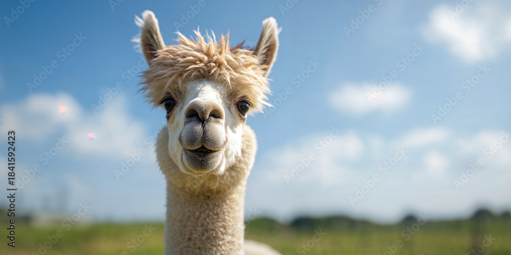 Fototapeta premium Close-up of a humorous alpaca face facial features, with a focus on texture and expressions, World Alpaca Day