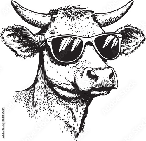 Cow animal in sunglasses engraving vector illustration. Scratch board style imitation. Black and white hand drawn image.