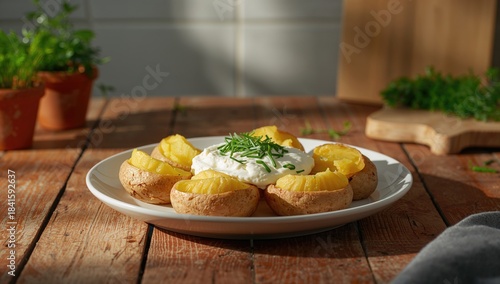 Roasted potatoes with herb-infused cottage cheese spread garnished with chives and dill, healthy protein options