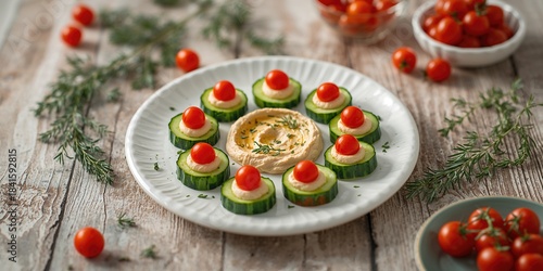 Wallpaper Mural Cucumber rounds with hummus and tomato garnish arranged as a nutritious snack, food and drink, World Nutrition Day Torontodigital.ca