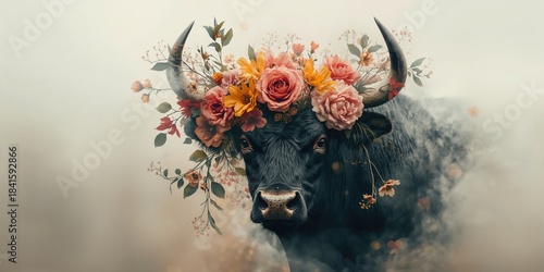 Decorative bulls head with floral accents, a traditional display for festivities