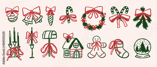 Vintage Christmas vector illustrations set. Whimsical coquette bows holidays clipart. Wreath, candle, stocking, candy cane, gingerbread, snow ball