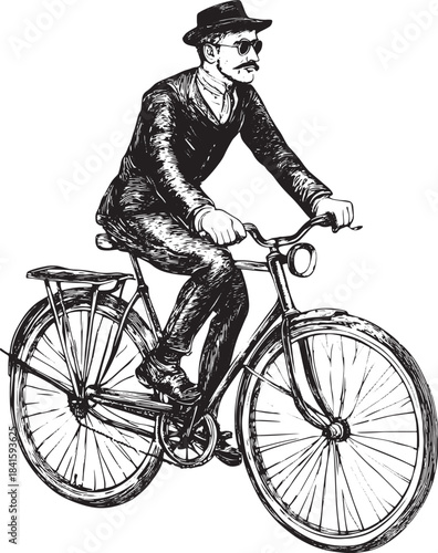 Man on retro vintage old bicycle engraving vector
