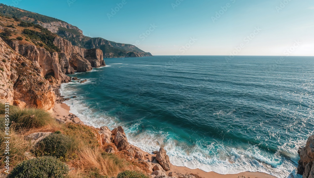 Obraz premium Sunny weather highlights rugged shoreline of the Black Sea on the Crimean coast, erosion concerns