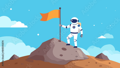An astronaut plants an orange flag on a rocky peak, symbolizing triumph and space exploration.