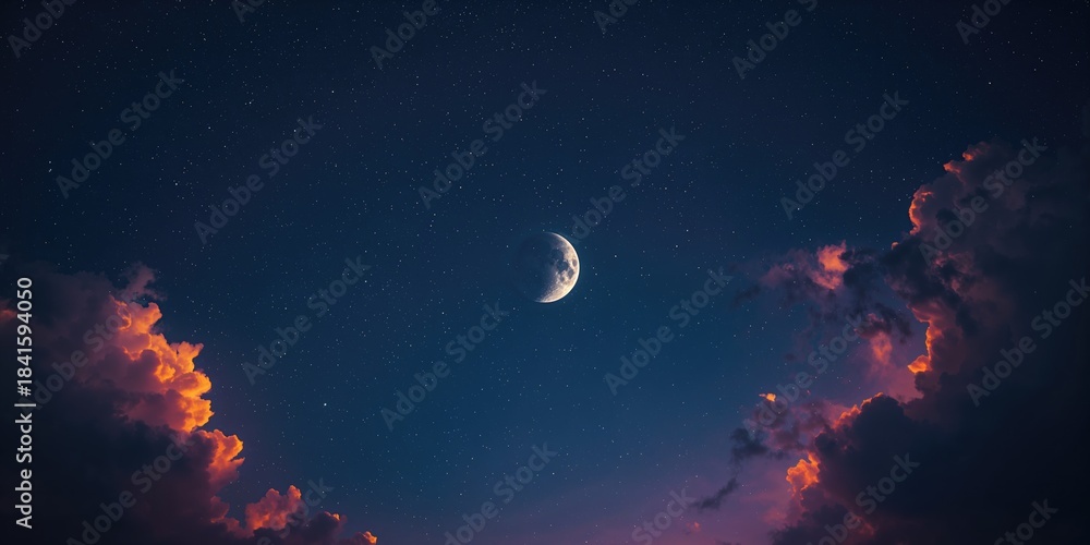 Obraz premium Dark blue sky featuring a new moon and illuminated sunset clouds, ideal for astronomy or nature layouts