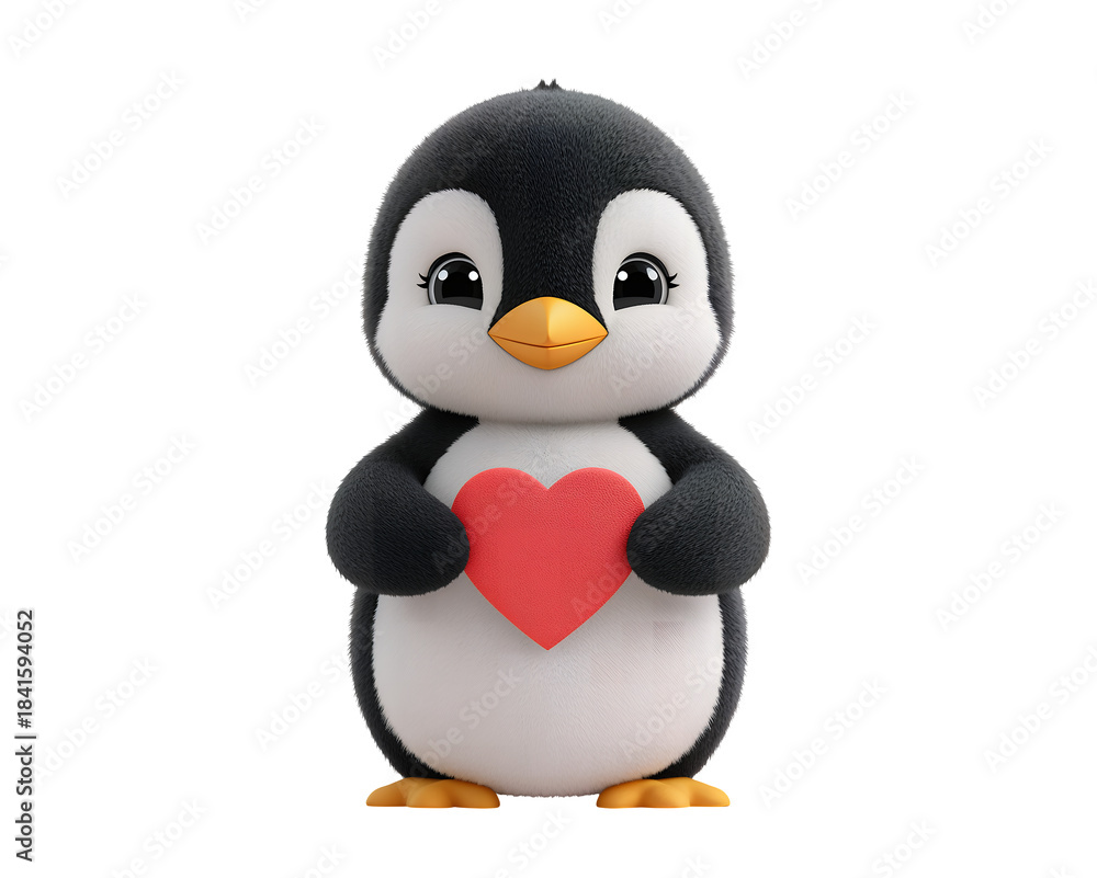 Obraz premium a charming fluffy penguin holding a vibrant red heart a cute and endearing character on transparent background