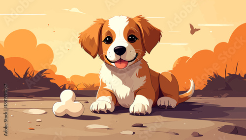 A cute cartoon puppy with brown and white fur sitting on the ground next to a bone, with a warm, orange-toned background.