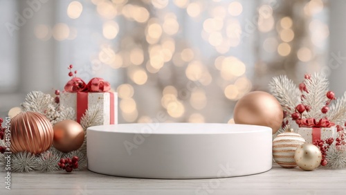 Minimalist white cylindrical pedestal mockup surrounded by luxurious rose gold Christmas baubles, red berries, and holiday gifts on a bright festive golden bokeh light background.