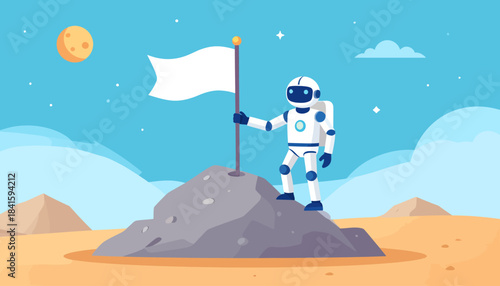 A robot stands on a rocky peak, holding a white flag, under a starry sky with a large moon, symbolizing achievement and exploration.