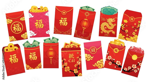 A collection of vibrant red envelopes filled with gold coins and money, symbolizing good fortune and prosperity for Chinese New Year.