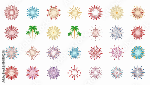 A vibrant collection of diverse firework bursts and tropical palm tree silhouettes, perfect for festive and celebratory designs.