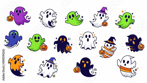 Adorable cartoon ghosts set for Halloween festivities and spooky fun.