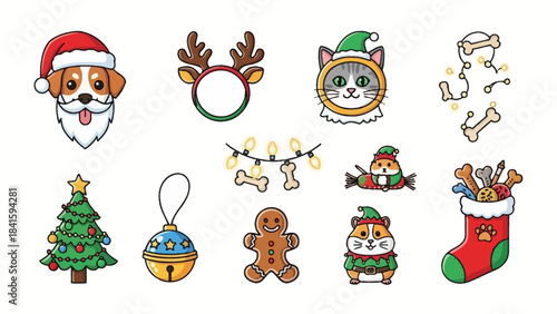 Adorable Christmas-themed pet and holiday object illustrations.
