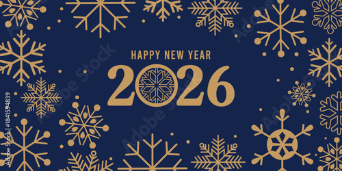 Elegant Happy New Year 2026 greeting card with golden typography and decorative snowflakes on a dark blue background, perfect festive design for holiday invitations, social media, posters and seasonal