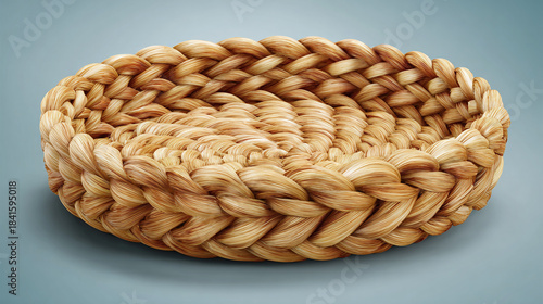 A handmade wicker basket, showing intricate weaving details, with neutral shades and textures