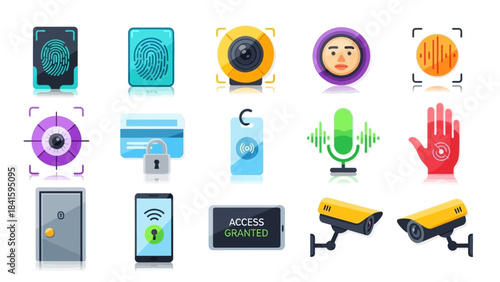 Biometric security and access control system icons set.