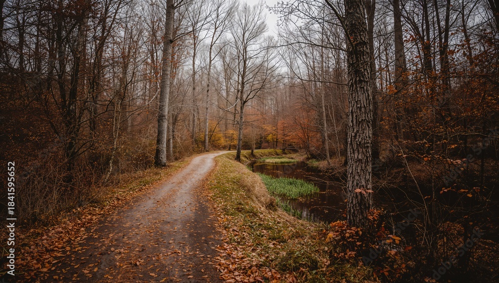 Obraz premium Winding trail through leafless trees during autumn in the woods, emphasizing seasonal transition