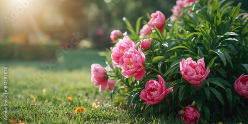 Fototapeta Naklejka Na Ścianę i Meble -  Vivid pink peonies blooming in a summer garden, suitable for floral arrangement or nature photography