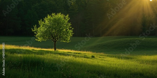 Fototapeta Naklejka Na Ścianę i Meble -  A solitary young tree illuminated by sunlight in a meadow setting, highlighting ecological renewal, World Environment Day
