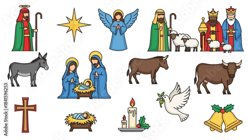 Christmas Nativity Scene Elements Collection with Holy Family and Wise Men.