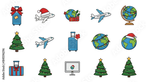 Christmas Travel Icons Set With Airplanes and Suitcases.