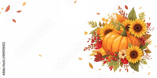 Anime-style fall illustration featuring a pumpkin, sunflower blooms, and red rose hips, seasonal harvest scene