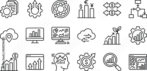Business analytics line icon set featuring growth charts, finance symbols, process diagrams, cloud data, optimization tools, and digital performance metrics