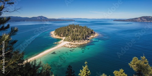 Fototapeta Naklejka Na Ścianę i Meble -  Aerial view of Fannette Island in Emerald Bay on South Lake Tahoe, highlighting natural landscape preservation