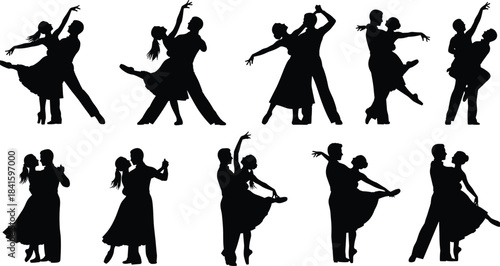 Ballroom and Latin Dance Couple Silhouettes Vector Illustration Set, Dynamic Collection of Dancers in Motion, Elegant Tango and Waltz Poses on White Background