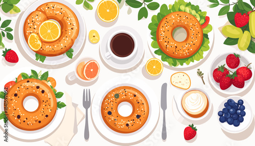 Assorted Bagels with Fruits and Coffee.