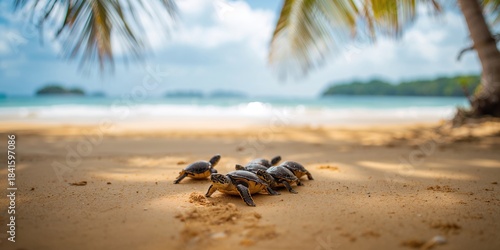 Fototapeta Naklejka Na Ścianę i Meble -  Loggerhead baby sea turtles hatching at a turtle farm, focusing on early life stages, Earth Day