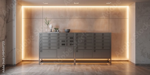 Locker mailboxes in a postal room illuminated by warm lighting, designed for efficient mail sorting and delivery, World Postal Day