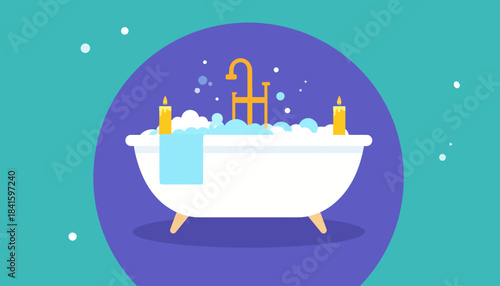Cozy and inviting bathtub illustration featuring abundant bubbles, glowing candles, and a golden faucet, symbolizing luxurious relaxation and tranquil self-care moments