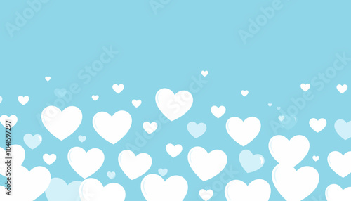 A light blue background filled with numerous white hearts of varying sizes and opacities, gently floating upwards, creating a sweet and romantic atmosphere.