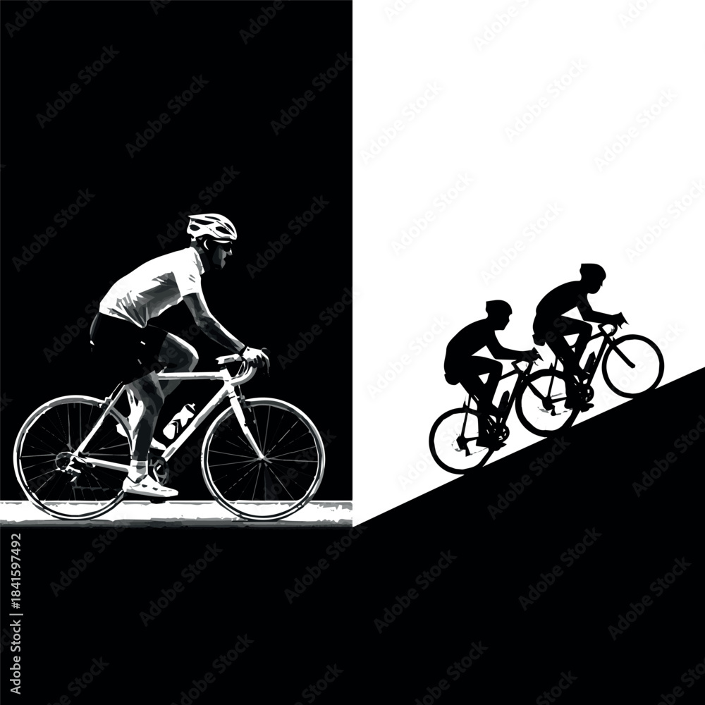 Fototapeta premium black silhouette of two cyclists ascending a hill against a man riding a bike with white background