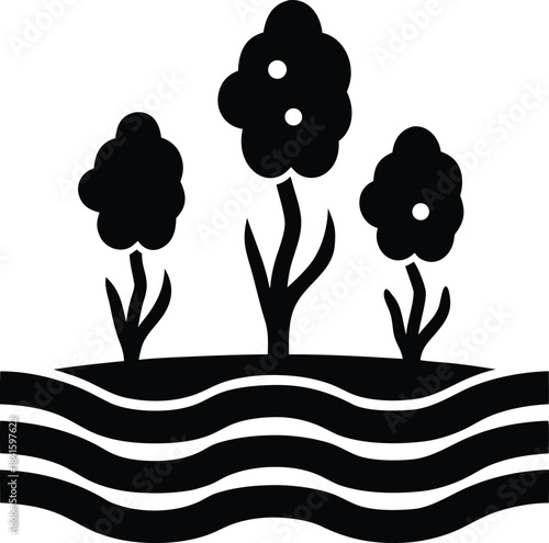 Black silhouette illustration depicting a small garden with three varying trees on a wavy ground surface