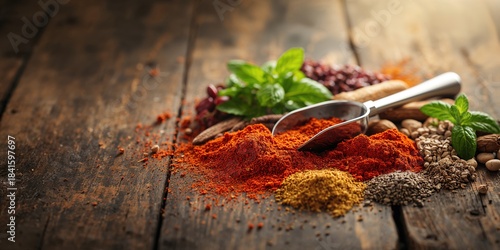 Fototapeta Naklejka Na Ścianę i Meble -  Colorful spice and herb mixture used for culinary preparation, flavor and sensory appeal