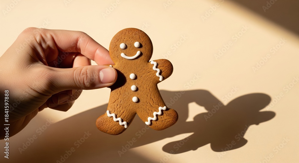 Fototapeta premium Hand Holding Gingerbread Man Cookie on Simple Background