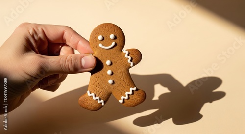 Hand Holding Gingerbread Man Cookie on Simple Background