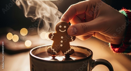 Cozy Holiday Scene with Hand Holding Gingerbread Cookie over Drink