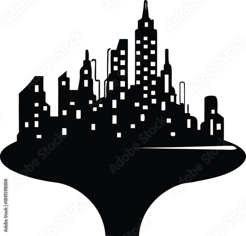 Black silhouette of a modern urban city skyline with various buildings and illuminated windows